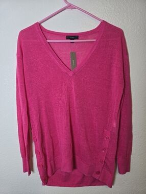 J.CREW V-Neck Sweater With Buttons Side Linen XS Oversized Slouchy Pink Knit